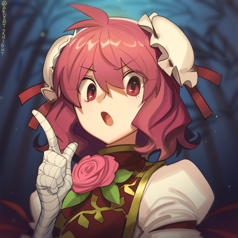1girl bandaged_arm bandages boa_(brianoa) commentary double_bun english_commentary flower hair_bun hair_ribbon ibaraki_kasen index_finger_raised looking_at_viewer open_mouth pink_flower pink_hair pink_rose red_eyes red_ribbon red_tabard ribbon rose shirt short_hair solo tabard touhou twitter_username upper_body v-shaped_eyebrows white_shirt