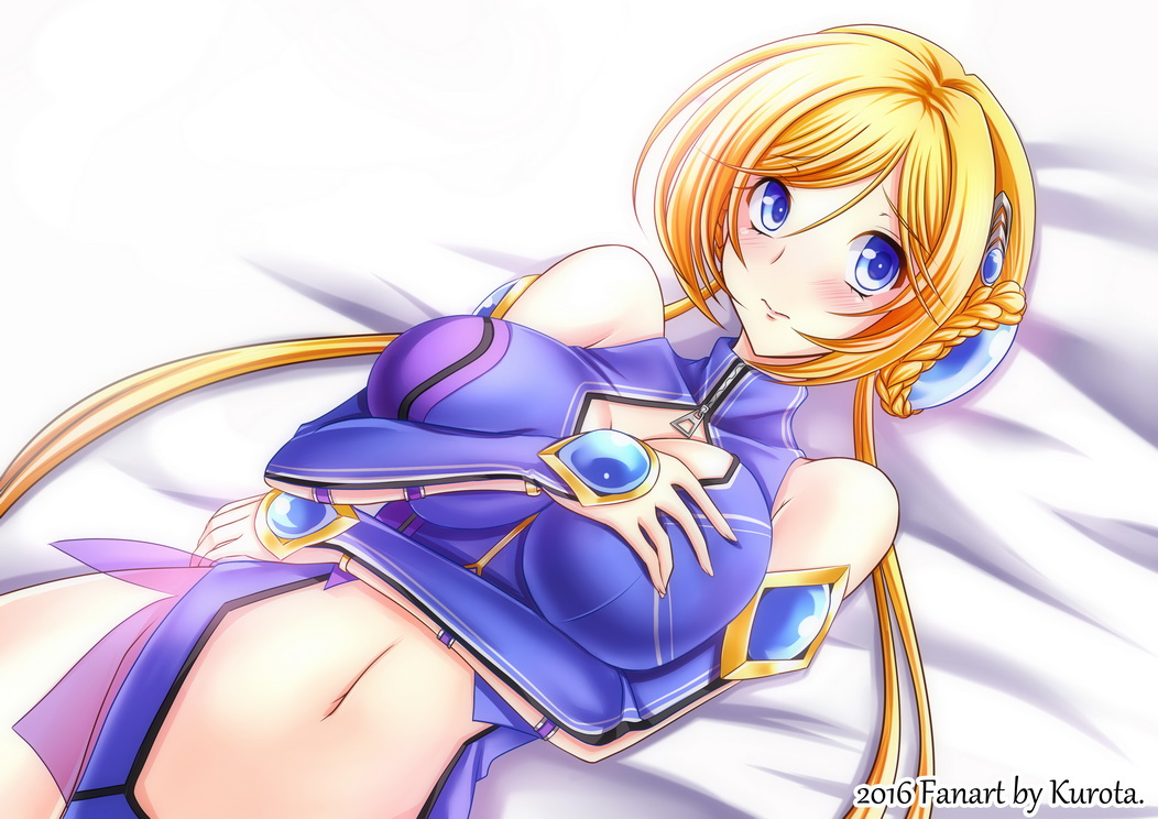 1girl banpresto bare_shoulders bed bed_sheet blonde_hair blue_eyes blush breast_suppress breasts female_focus gloves grabbing_another&#039;s_breast groping large_breasts long_hair lying melua_melna_meia navel solo stomach super_robot_wars super_robot_wars_judgement super_robot_wars_original_generation twintails