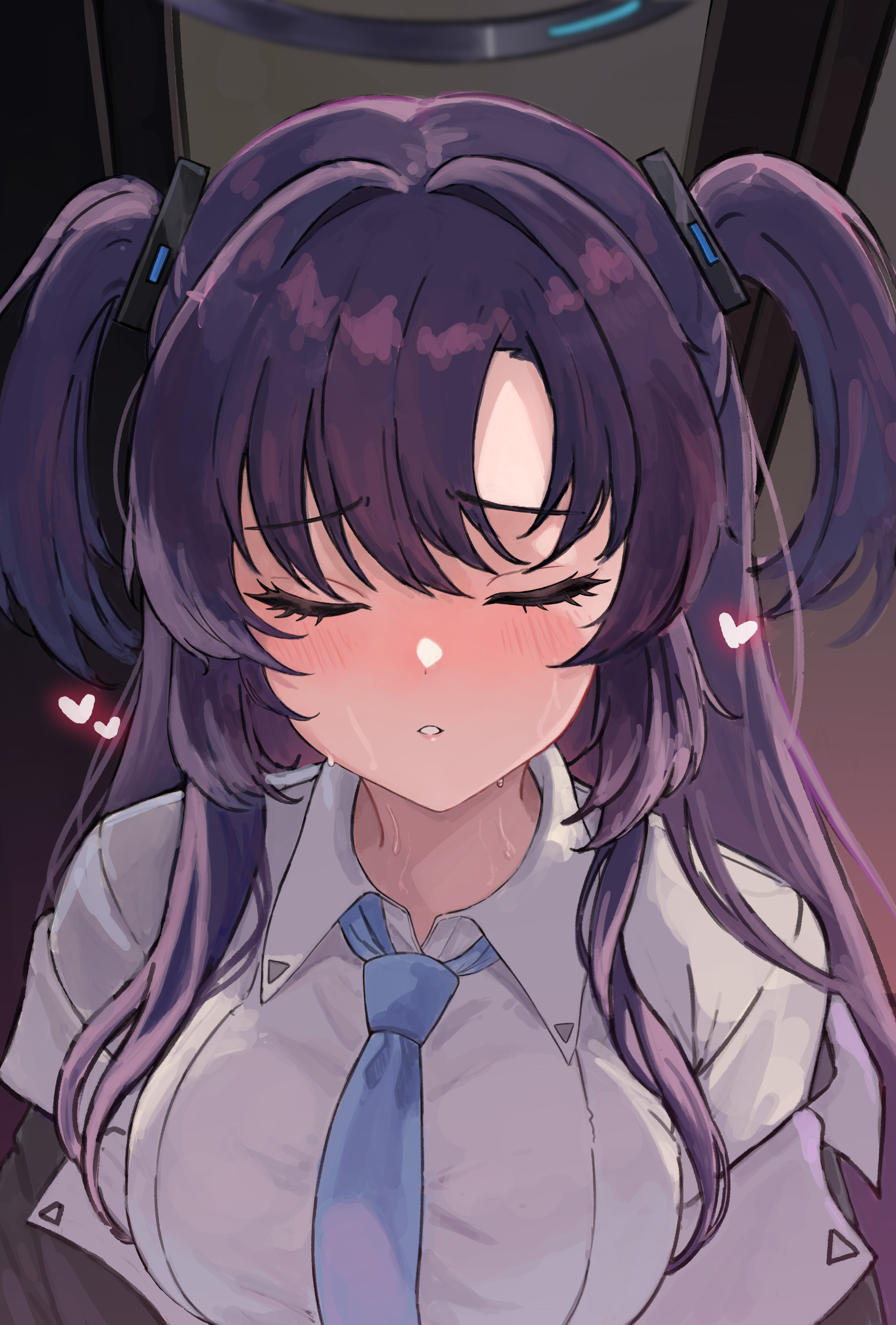 1girl absurdres black_halo blue_archive blue_necktie blush breasts closed_eyes collared_shirt halo heart highres kiss mechanical_halo necktie purple_eyes purple_hair shirt solo white_shirt yamu_(yamu_030) yuuka_(blue_archive)
