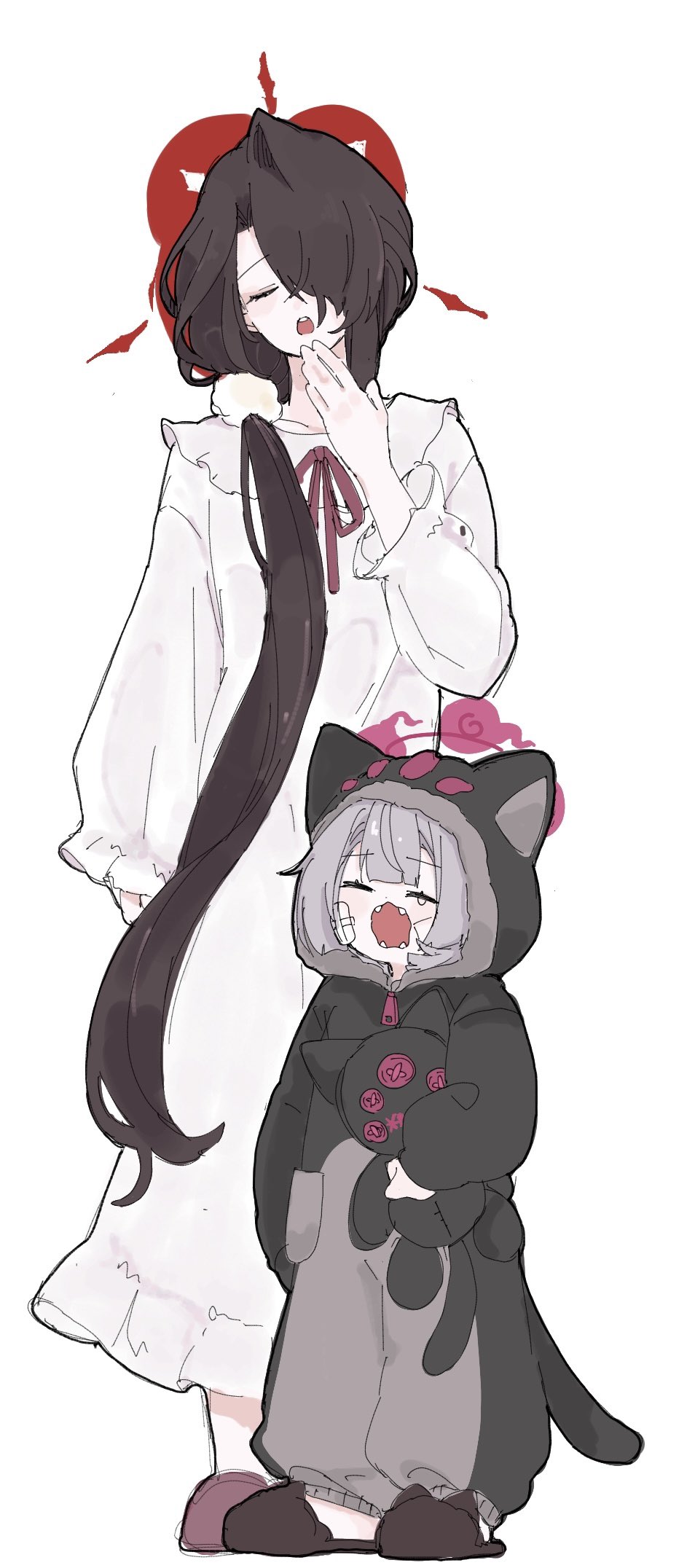 2girls alternate_costume blue_archive gauze gauze_on_cheek gauze_on_face halo highres kokuriko_(blue_archive) long_sleeves multiple_girls pink_halo red_halo shuro_(blue_archive) simple_background sleepwear slippers stuffed_toy syurorori white_background
