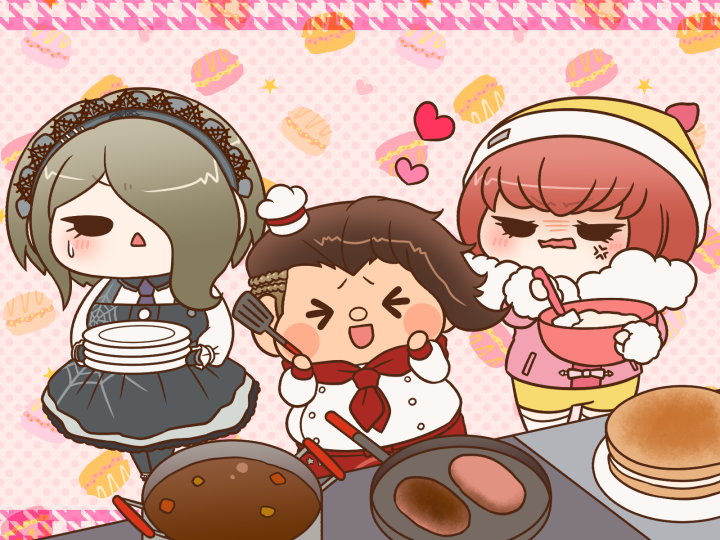 &gt;_&lt; 1boy 2girls ando_ruruka anger_vein angry annoyed apron batter beanie black_dress black_eyes black_gloves blonde_hair blush_stickers bow bow_button bowl breasts brown_hair buttons cake chibi coat collared_shirt commentary_request cooking cooking_pot danganronpa_(series) danganronpa_2:_goodbye_despair danganronpa_3_(anime) danganronpa_v3:_killing_harmony double-breasted dress eyelashes food food-themed_background frilled_hairband frilled_shirt frilled_sleeves frills frying_pan fur-trimmed_hood fur-trimmed_sleeves fur_trim furrowed_brow gloves grey_hairband hair_over_one_eye hairband hanamura_teruteru hand_on_own_cheek hand_on_own_face hat heart holding holding_bowl holding_plate holding_spatula hood hood_down hooded_coat jacket lace lace-trimmed_dress lace-trimmed_hairband lace_trim large_breasts light_blush long_sleeves macaron mini_chef_hat multiple_girls neckerchief necktie o-ring open_mouth pale_skin pink_background pink_bow pink_coat pink_hair plate plate_stack pocket polka_dot polka_dot_background pom_pom_(clothes) pom_pom_beanie pompadour purple_necktie red_apron red_neckerchief shirt short_dress short_hair shorts sleeveless sleeveless_dress sleeves_past_wrists smile solid_eyes soup spatula spider_web_print star_(symbol) stirring sweatdrop thighhighs tojo_kirumi triangle_mouth v-shaped_eyebrows waist_apron wavy_mouth white_hat white_jacket white_shirt white_thighhighs winter_clothes winter_coat yellow_hat yellow_shorts yumaru_(marumarumaru)
