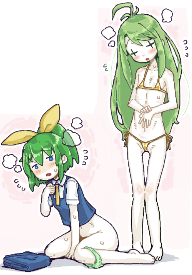 +_+ 2girls ahoge ascot bikini blue_eyes blue_vest blush bottomless bow collared_shirt colored_skin cookie_(touhou) crossover daiyousei diyusi_(cookie) flat_chest full_body gold_bikini green_hair green_panties hair_bow long_hair looking_at_viewer man_(man-room) micro_bikini multiple_girls open_mouth panties panties_around_leg shirt standing swimsuit tone_sphere touhou trin_(tone_sphere) underwear unusually_open_eyes vest white_shirt white_skin yellow_ascot yellow_bow
