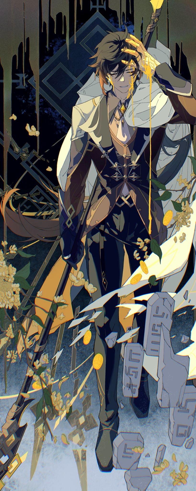 1boy bleeding blood closed_eyes flower full_body genshin_impact hand_on_own_head highres male_focus mora_(genshin_impact) solo solo_focus vortex_vanquisher_(genshin_impact) yu_peng0122 zhongli_(genshin_impact)