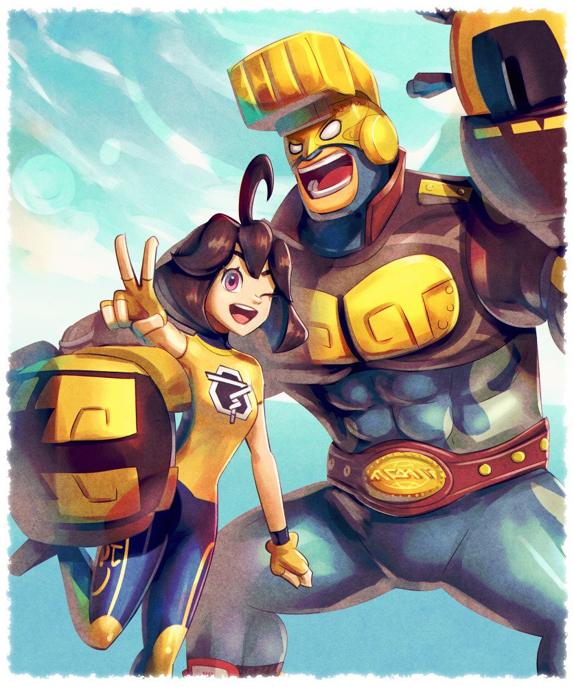 1boy 1girl ahoge arms_(game) bodysuit boxing_gloves brown_hair domino_mask goggles gonzarez looking_at_viewer mask max_brass mechanica_(arms) one_eye_closed open_mouth purple_eyes short_hair smile