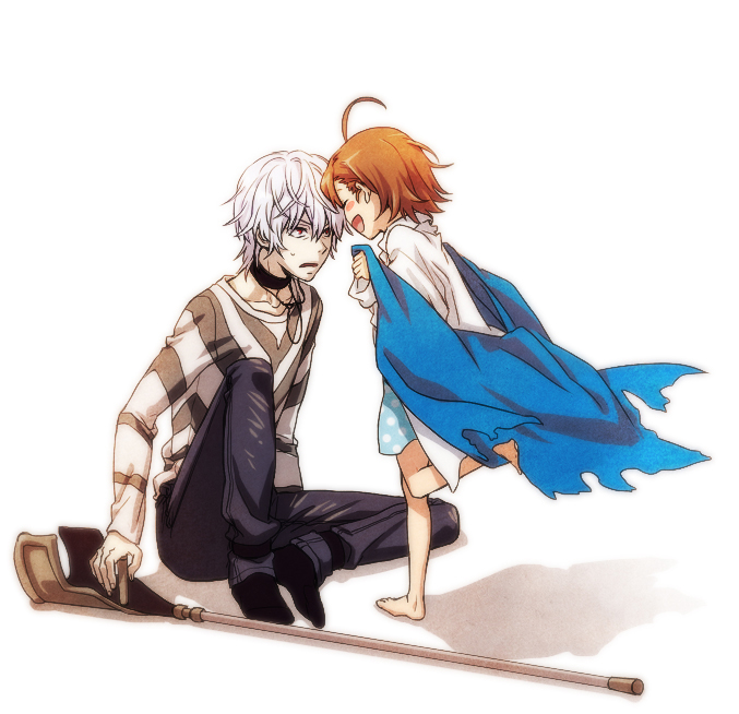 1boy 1girl accelerator_(toaru_majutsu_no_index) albino bad_id bad_pixiv_id barefoot brown_hair choker claziness crutch dress last_order_(toaru_majutsu_no_index) red_eyes shirt sitting smile striped_clothes striped_shirt toaru_majutsu_no_index white_hair