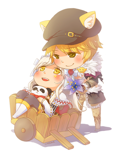 1boy 1girl animal_ear_headwear animal_ears animal_print armor black_hat black_thighhighs blonde_hair blush boots brown_cape brown_pants cabbie_hat cape cat_ears cheeka chibi chibi_only closed_mouth commentary english_commentary fake_animal_ears full_body fur_collar genetic_(ragnarok_online) hat leopard_print living_clothes long_hair looking_at_another open_mouth pants pauldrons pullcart ragnarok_online shadow_chaser_(ragnarok_online) short_hair shoulder_armor shrug_(clothing) simple_background smile stuffed_animal stuffed_panda stuffed_toy thighhighs transparent_background waist_cape white_boots white_hair yellow_eyes