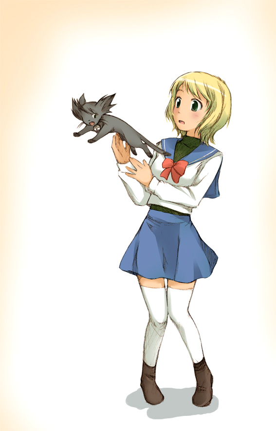 00s 1girl blonde_hair blush breasts cat ds_(artist) ds_(ndsl) erstin_ho female_focus green_eyes my-otome school_uniform short_hair solo thighhighs