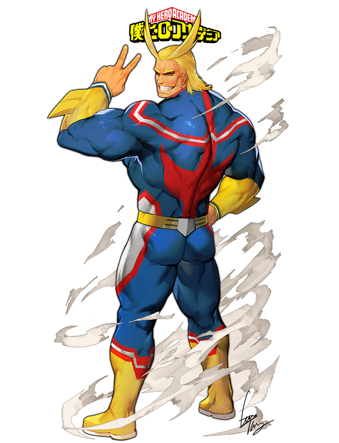 1boy all_might artist_name ass bara belt biceps blonde_hair bodysuit boku_no_hero_academia broad_shoulders gomtang hand_on_own_hip logo long_hair looking_back male_focus manly mature_male muscular muscular_arms muscular_legs muscular_male signature simple_background smile solo teeth thick_eyebrows thighs tight_clothes v white_background wind