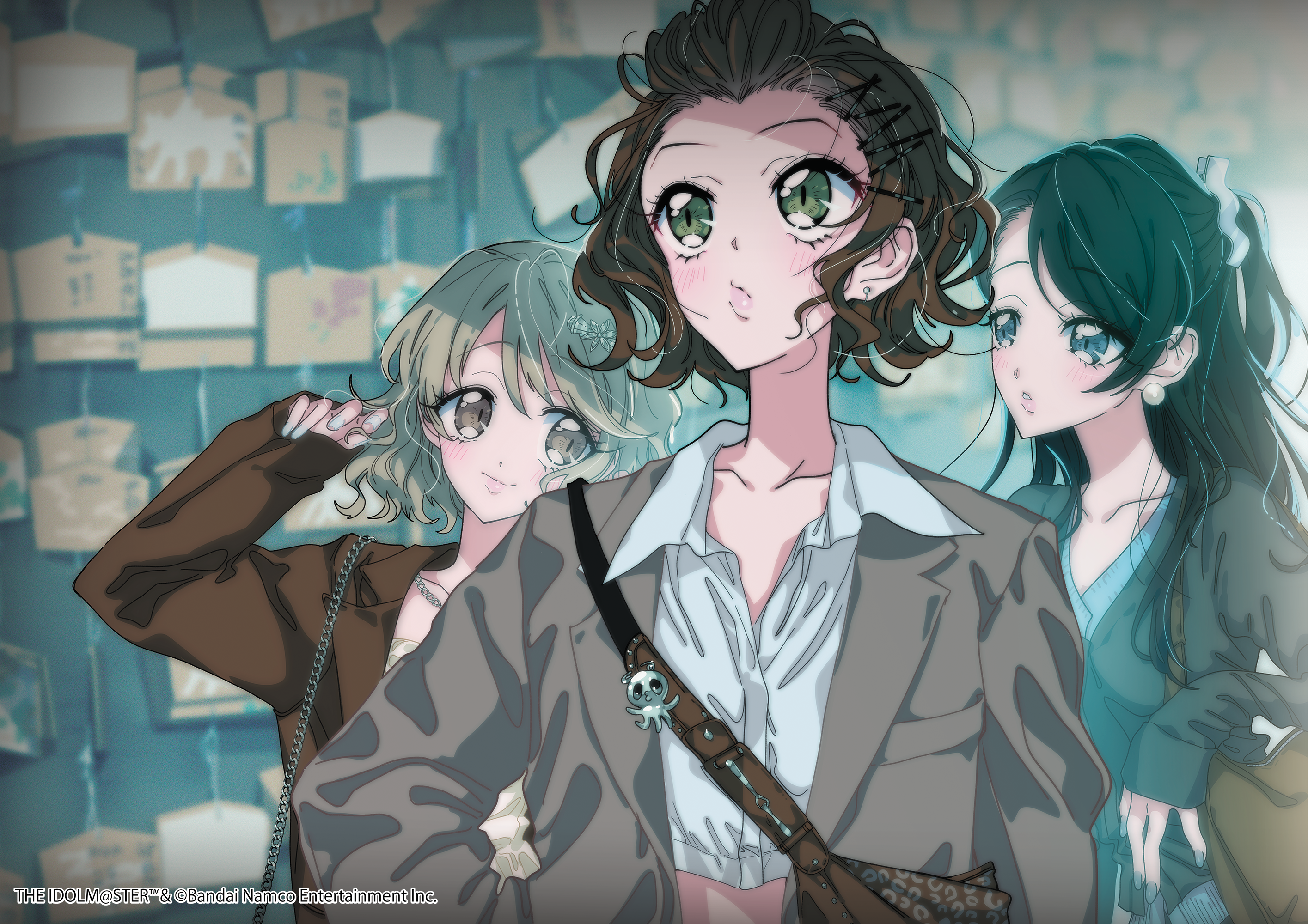 bag black_hair blue_eyes blush brown_eyes brown_hair charm_(object) copyright_name copyright_notice crop_top ema fragments_of_the_idolmaster_cinderella_girls green_eyes grey_hair handbag highres himitsu_(iemaki) idolmaster idolmaster_cinderella_girls jacket kurihara_nene long_hair looking_at_another looking_up namba_emi official_art open_clothes open_jacket parted_lips real_world_location short_hair smile tsukimiya_miyabi upper_body