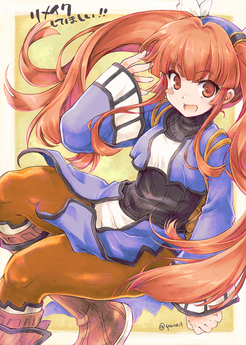 1girl blush boots commentary_request dewprism dress full_body highres long_hair long_sleeves looking_at_viewer mint_(dewprism) open_mouth orange_pantyhose pantyhose red_eyes red_hair smile solo twintails yano_takumi