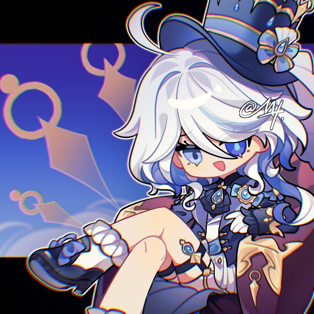 1girl :d ahoge ankle_boots ascot bare_legs blue_ascot blue_boots blue_bow blue_eyes blue_gemstone blue_hair blue_hat blue_jacket boots bow chair chibi chibi_only chromatic_aberration colored_inner_hair crossed_legs easy_chair elbow_rest footwear_bow frilled_sleeves frills furina_(genshin_impact) furrowed_brow gem genshin_impact gloves gold_trim grey_hair hair_intakes hashtag-only_commentary hat hat_bow heterochromia high_heel_boots high_heels jacket letterboxed mismatched_pupils mohu_116 multicolored_boots multicolored_hair on_chair open_mouth outside_border short_shorts shorts signature simple_background sitting smile solo top_hat two-tone_boots two-tone_hair vest waistcoat wavy_hair white_boots white_gloves white_shorts white_vest