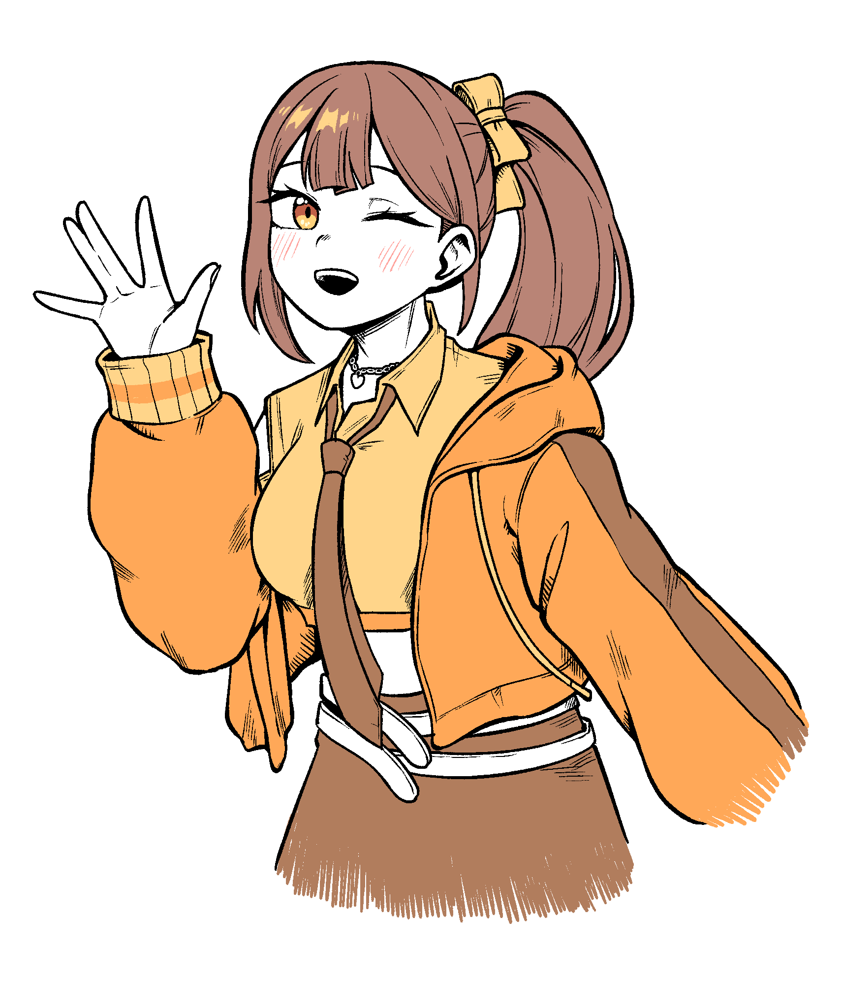 1girl belt blush brown_hair brown_necktie brown_skirt highres jacket jewelry long_hair long_sleeves midriff necklace necktie one_eye_closed open_mouth ryoung_10 side_ponytail simple_background skirt victory_(waktaverse) waktaverse white_background white_belt yellow_collar yellow_eyes yellow_jacket