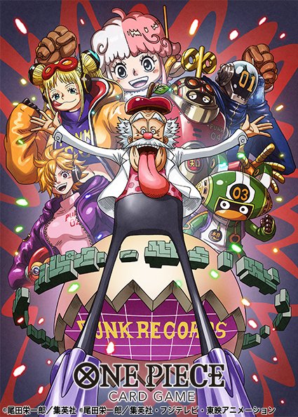 3girls 4boys blonde_hair blush_stickers boots commentary_request copyright_name dr._vegapunk facial_hair headphones helmet hood hooded_jacket jacket looking_at_viewer mechanical_arms multicolored_hair multiple_boys multiple_girls mustache nagare_seiya official_art one_piece one_piece_card_game orange_jacket outstretched_arms pink_hair short_hair sidelocks smile tongue tongue_out two-tone_hair vegapunk_atlas vegapunk_edison vegapunk_lilith vegapunk_pythagoras vegapunk_shaka vegapunk_york white_hair
