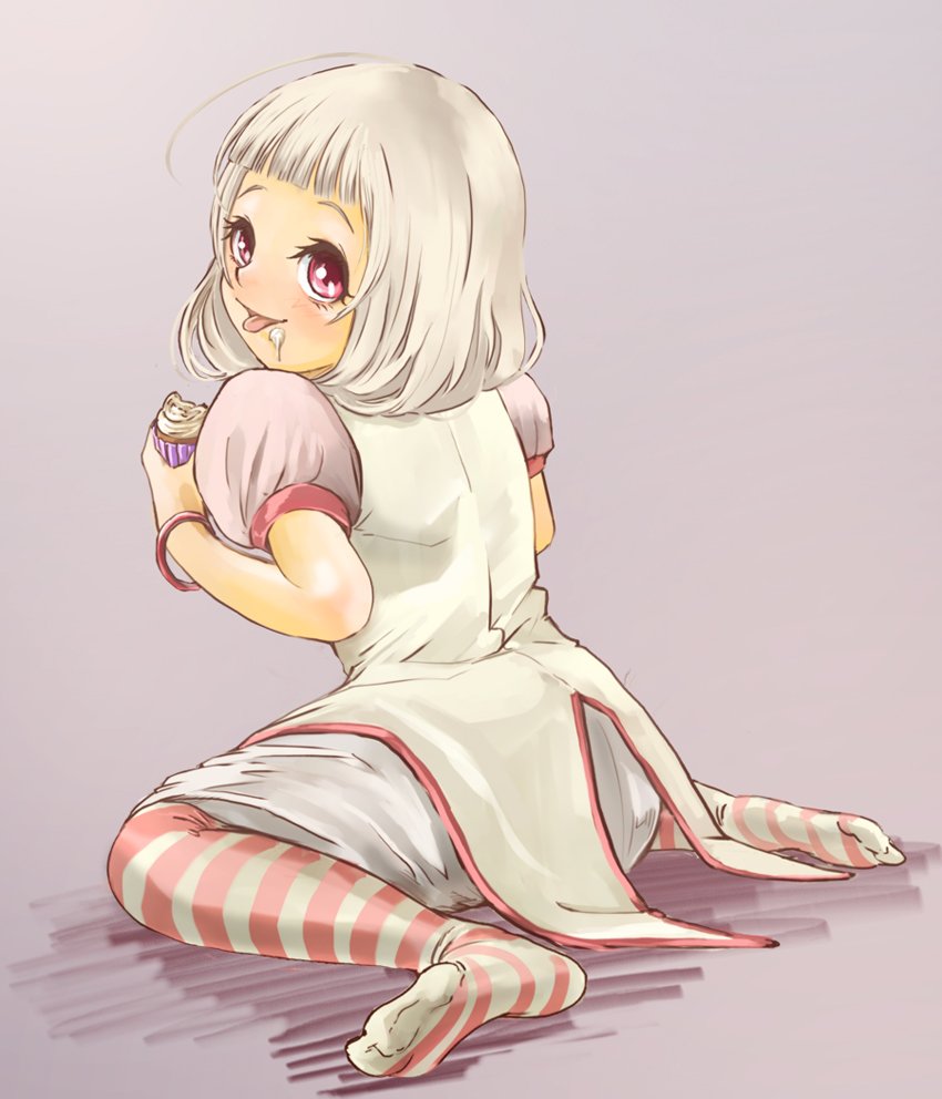 10s 1girl albino alternate_universe bracelet coat cupcake eyelashes feet food food_on_face full_body goru_(cure_golgom) hummy_(suite_precure) jewelry kneeling looking_back pantyhose personification pink_background pink_eyes precure puffy_sleeves short_hair sitting smile striped_clothes striped_pantyhose suite_precure tongue wariza white_hair