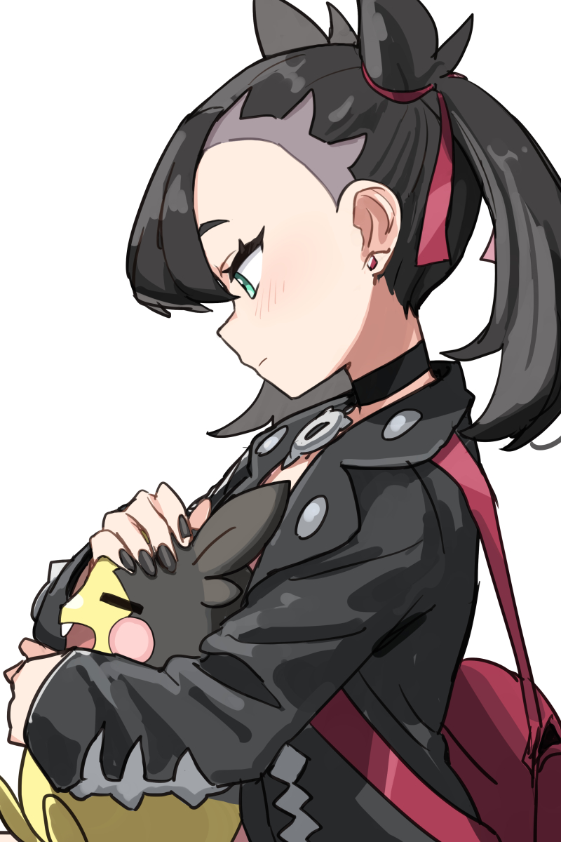 1girl asymmetrical_bangs backpack bag black_hair black_jacket breasts choker closed_eyes dress gazacy_(dai) gen_8_pokemon green_eyes hair_ribbon highres jacket long_sleeves marnie_(pokemon) medium_hair morpeko morpeko_(full) nintendo open_mouth petting pink_dress pokemon pokemon_swsh revision ribbon small_breasts smile twintails undercut