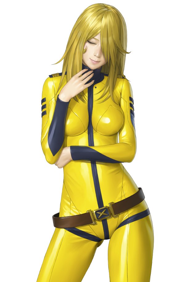 1girl belt blonde_hair bodysuit breasts breasts_apart brown_belt closed_eyes closed_mouth contrapposto hair_over_one_eye long_hair long_sleeves medium_breasts mori_yuki photoshop_(medium) shiny_clothes skin_tight smile solo standing textless_version uchuu_senkan_yamato uchuu_senkan_yamato_2202:_ai_no_senshi-tachi watanabe_yasuaki white_background yellow_bodysuit