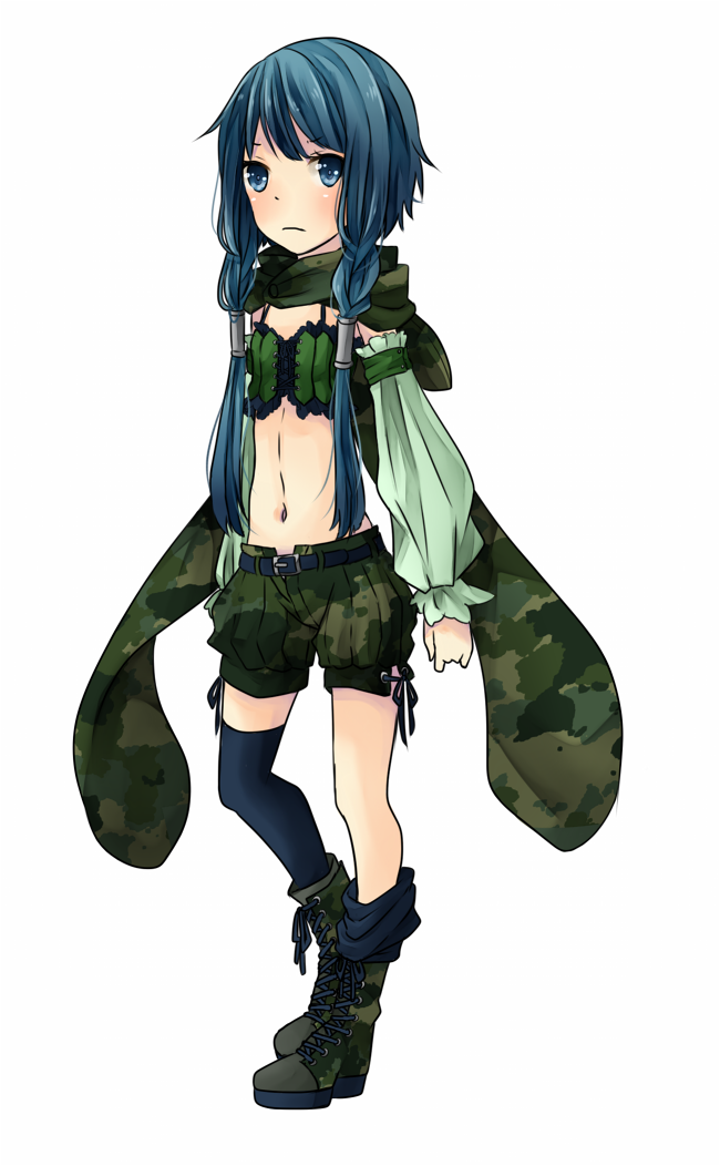 1girl belt black_belt black_thighhighs blue_eyes blue_hair blush boots bra_strap camouflage camouflage_footwear camouflage_scarf camouflage_shorts closed_mouth commentary_request detached_sleeves expressionless flat_chest full_body green_boots green_scarf green_shorts green_sleeves green_tube_top hair_tubes long_hair looking_at_viewer meiko_(nattu303) midriff navel ragnarok_online ranger_(ragnarok_online) scarf shorts simple_background solo standing strapless thighhighs tube_top white_background