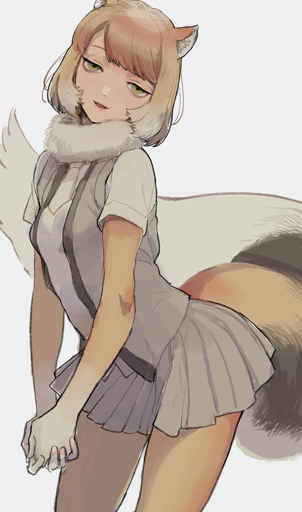 1girl animal_ears blunt_bangs brown_gloves brown_pantyhose cowboy_shot elbow_gloves fox_ears fox_girl fox_tail fur_collar gloves gradient_gloves green_eyes grey_skirt grey_vest katsuoboshi kemono_friends light_brown_hair looking_at_viewer multicolored_hair necktie pantyhose pleated_skirt shirt short_hair short_sleeves sidelocks skirt solo t-shirt tail tibetan_fox_(kemono_friends) two-tone_gloves two-tone_hair vest white_fur white_gloves white_hair white_necktie white_shirt