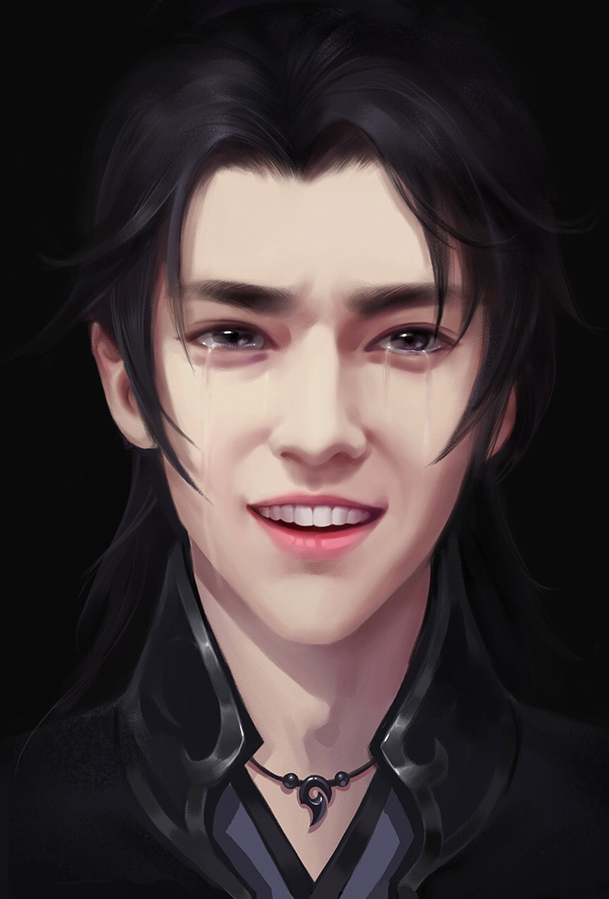 1boy asian black_background black_eyes black_hair black_hanfu chinese_clothes chinese_commentary commentary_request crying crying_with_eyes_open furrowed_brow hanfu highres jewelry lips long_hair looking_at_viewer magatama magatama_necklace male_focus mandarin_collar modao_zushi necklace open_mouth pink_lips portrait realistic sad sad_smile simple_background solo streaming_tears tears teeth thick_eyebrows upper_teeth_only xue_yang ye_dian_pikaqiu