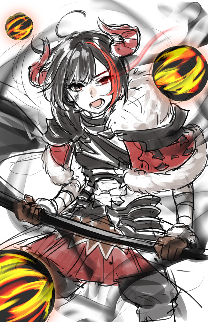 1girl armor axe bamboo9545 bang_dream! battle_axe black_hair commentary_request final_fantasy final_fantasy_xiv holding holding_axe holding_weapon horns mitake_ran multicolored_hair red_eyes red_hair red_skirt short_hair skirt solo streaked_hair warrior_(final_fantasy) weapon