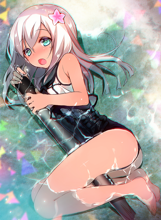 10s 1girl barefoot blonde_hair blue_eyes crop_top female_focus flower hair_flower hair_ornament holding kantai_collection long_hair one-piece_swimsuit open_mouth ro-500_(kancolle) school_swimsuit school_uniform serafuku solo swimsuit swimsuit_under_clothes tan tanline torpedo yadapot