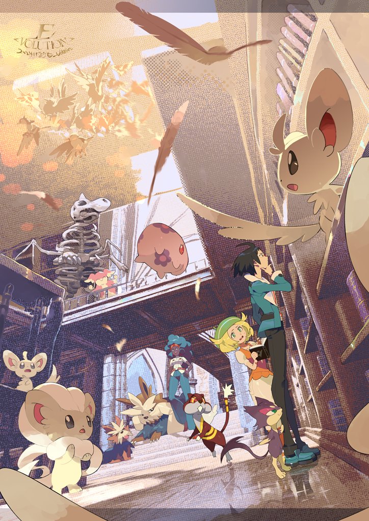 1boy 2girls ahoge artist_name audino beret bianca_(pokemon) big_hair black_hair black_pants blonde_hair book bookshelf cheren_(pokemon) cinccino dark-skinned_female dark_skin dress e_volution feathers gen_5_pokemon green_hat hand_on_own_chin hand_up hat herdier holding holding_book indoors jacket lenora_(pokemon) minccino multiple_girls munna nintendo orange_vest pants pokemon pokemon_(creature) pokemon_bw purrloin shirt skeleton standing stoutland stroking_own_chin tranquill vest watchog white_dress