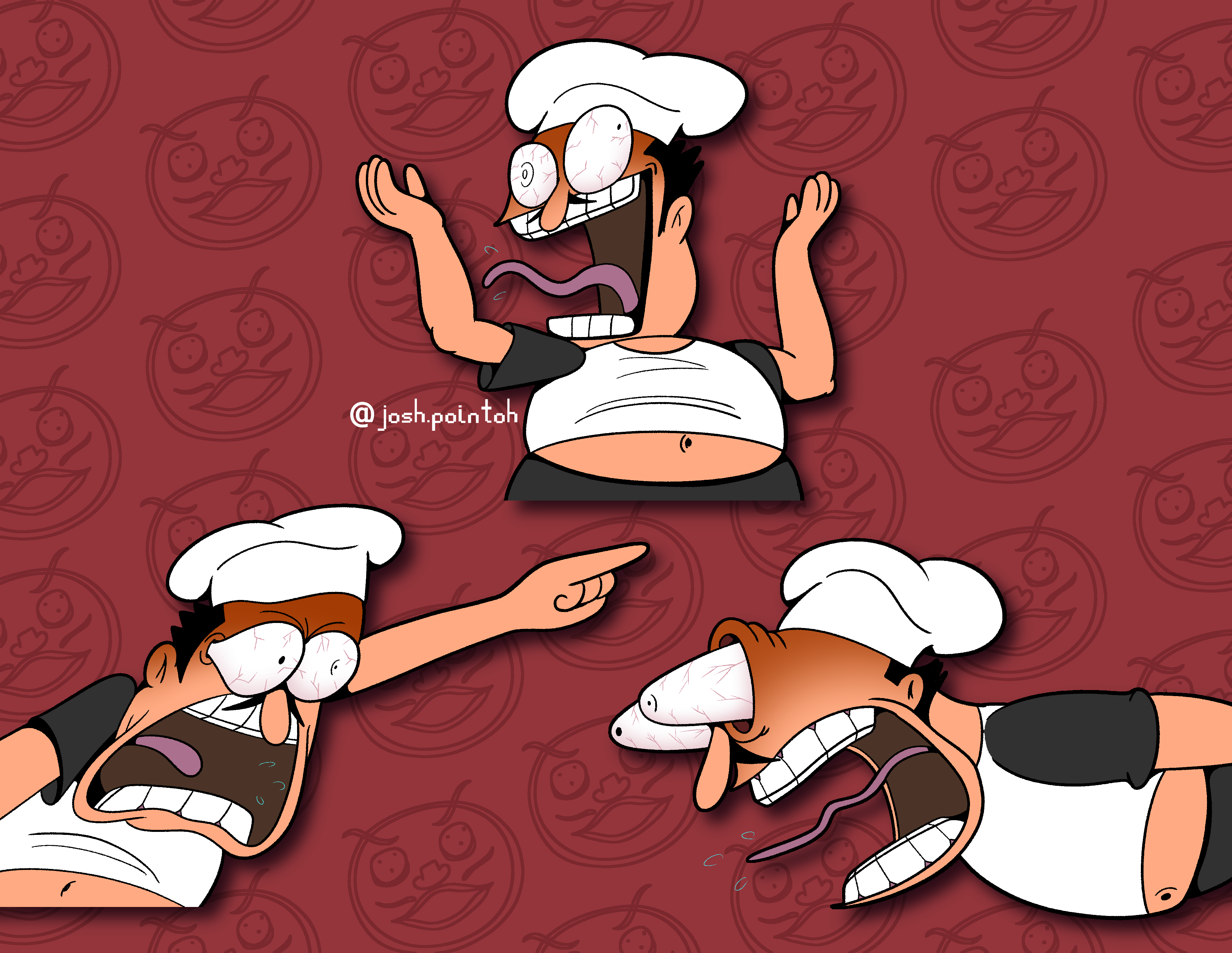 absurdres angry bloodshot_eyes bulging_eyes chef chef_hat hat highres invader_zim josh.pointoh peppino_spaghetti pizza_tower pizzaface pointing ren_&amp;_stimpy screaming self-upload shirt spongebob_squarepants_(series) t-shirt tagme