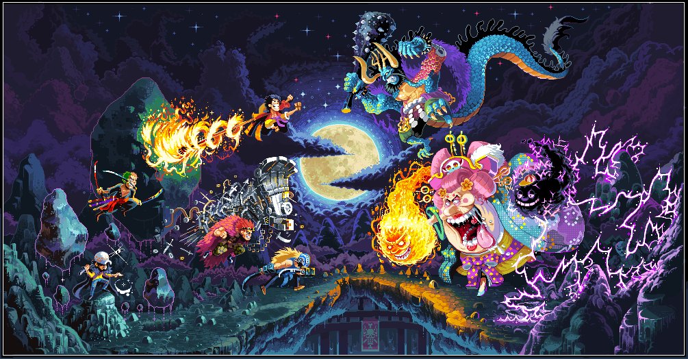 1girl 6+boys alternate_form arm_tattoo black_hair blonde_hair charlotte_linlin clenched_teeth cloud club club_(weapon) coat coat_on_shoulders dragon_boy dragon_horns dragon_tail dual_wielding eustass_kid evil_smile fire floating floating_object full_moon green_hair grin hat height_difference holding holding_sword holding_weapon horns japanese_clothes kaidou_(one_piece) kanabou killer_(one_piece) kimono lightning lipstick long_hair makeup mask monkey_d._luffy moon multiple_boys napoleon_(one_piece) neorice night old old_woman one_piece pants pink_hair pirate_hat prometheus_(one_piece) red_hair roronoa_zoro saliva short_hair shorts size_difference sky smile spikes spoilers star_(sky) starry_sky sword tail tattoo teeth tongue tongue_out trafalgar_law vest weapon zeus_(one_piece)