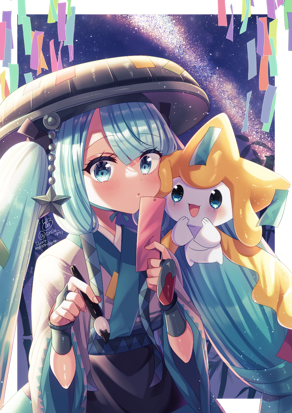 1girl 1other aqua_eyes aqua_hair blush commentary doroshii gen_3_pokemon grey_kimono hatsune_miku highres japanese_clothes jirachi kimono legendary_pokemon long_hair long_sleeves milky_way mythical_pokemon nintendo official_alternate_costume official_alternate_hairstyle open_mouth pokemon pokemon_(creature) project_voltage sandogasa smile star_(sky) steel_miku_(project_voltage) tanabata tanzaku twintails twitter_username very_long_hair vocaloid wide_sleeves