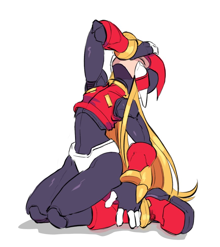 1boy armor blonde_hair full_body helmet kneeling long_hair male_focus mega_man_(series) mega_man_zero_(series) red_armor red_helmet simple_background solo unknownersirius white_background zero(z)_(mega_man) zero_(mega_man)