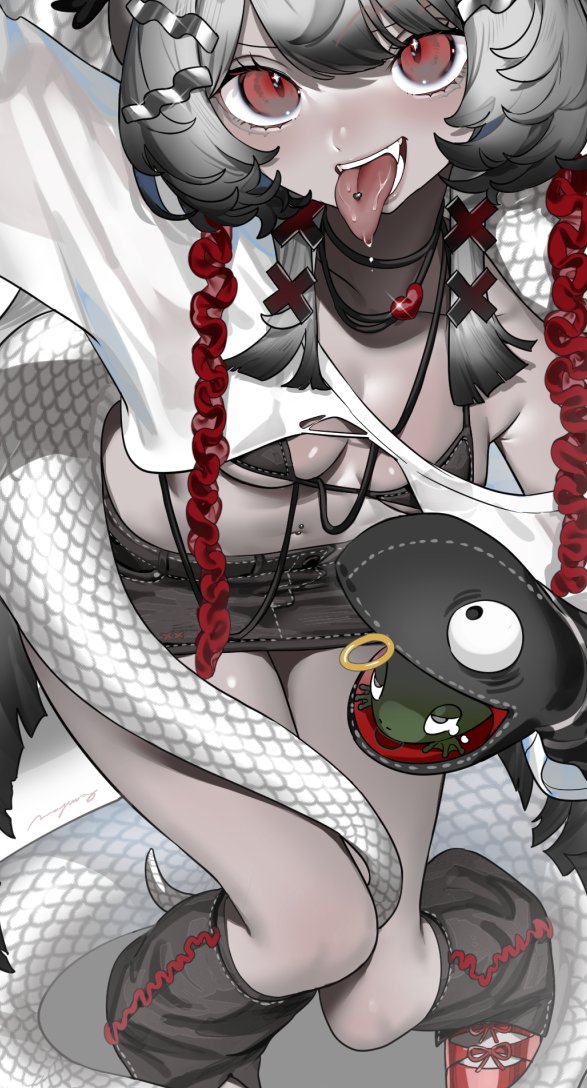 1girl bikini bikini_top_only black_hair black_skirt breasts close-up commentary fang frog gradient_hair grey_hair hair_ornament hairclip jewelry leaning_forward legs_together long_hair loose_socks mayuri_kaichou medium_breasts miniskirt multicolored_hair navel_piercing necklace open_mouth original pale_skin piercing red_eyes red_shoes saliva shirt shoes signature skirt snake socks solo swimsuit symbol-only_commentary tongue tongue_out tongue_piercing torn_clothes torn_shirt white_snake x_hair_ornament