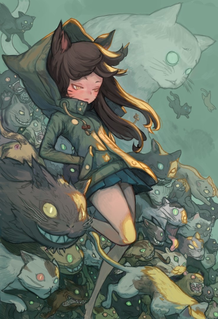 1girl animal_ears brown_eyes brown_hair cat cat_ears evil_grin evil_smile facial_mark female_focus grin hood hoodie image_sample long_hair naver_sample skirt smile solo thighs too_many too_many_cats weltol whisker_markings