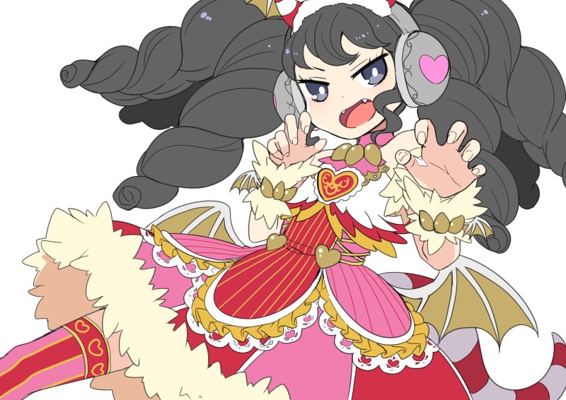 1girl :d black_hair blue_eyes bright_pupils claw_pose commentary_request cowboy_shot dress fangs fur-trimmed_dress fur_trim gaaruru_(pripara) hands_up headphones long_hair looking_at_viewer mzh open_mouth pretty_series pripara red_dress sidelocks simple_background smile solo standing twintails white_background wrist_cuffs