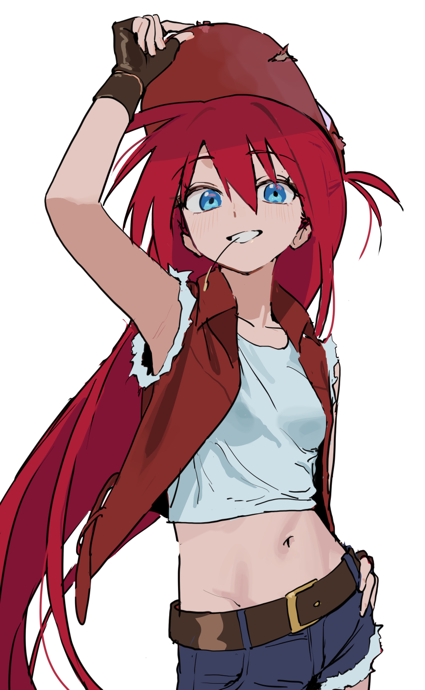 1girl arm_up armpits baseball_cap belt blush breasts brown_gloves commentary cosplay denim denim_shorts fatal_fury fingerless_gloves gloves groin hat highres hipa_(some1else45) jacket long_hair looking_at_viewer mouth_hold navel original red_eyes red_hat red_jacket shorts simple_background small_breasts smile solo some1else45 stomach straight_hair tank_top terry_bogard terry_bogard_(cosplay) very_long_hair white_background white_tank_top