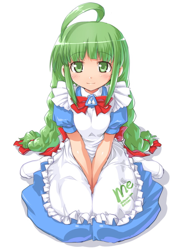 1girl ahoge apron bad_id bad_pixiv_id blush braid dd_(ijigendd) female_focus green_hair long_hair maid maid_apron me-tan microsoft_windows os-tan simple_background sitting solo twin_braids v_arms wariza white_background windows_classic windows_me