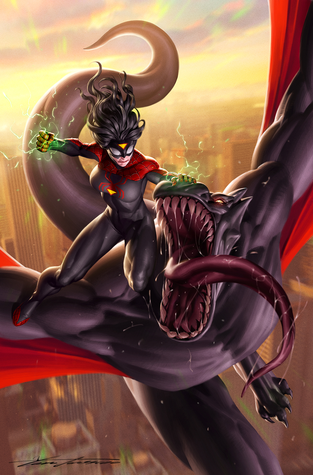 1girl black_bodysuit bodysuit highres long_hair marvel monster open_mouth sharp_teeth signature spider-man_(series) spider-woman superhero_costume teeth tongue tongue_out yoon_junggeun