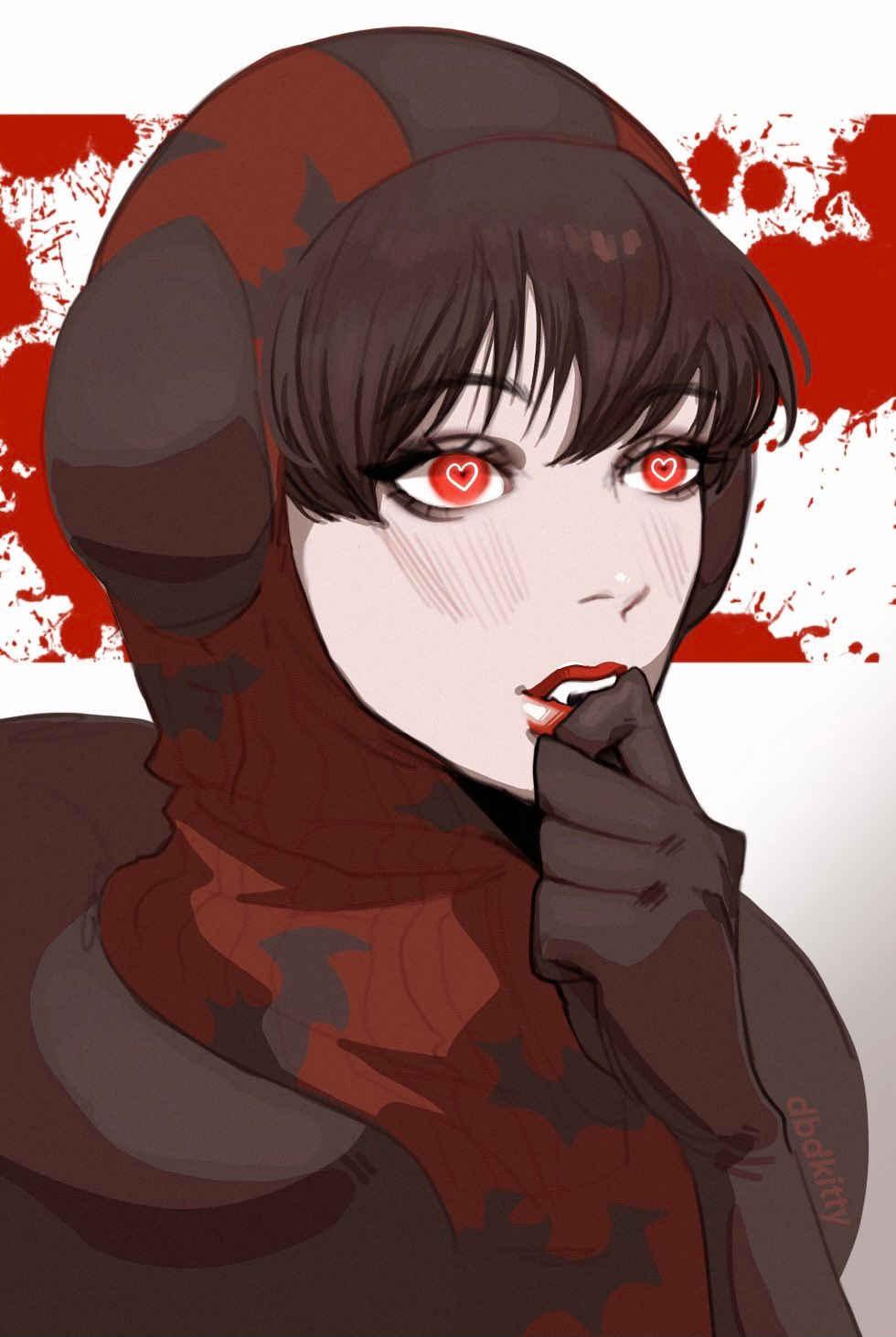1girl animal_print apex_legends bat_print biting_own_finger black_gloves black_hair black_jacket blood blood_splatter blush bodysuit commentary english_commentary fang gloves heart heart_in_eye highres hood hood_down hood_up hooded_bodysuit hooded_jacket jacket kitty_keihara official_alternate_costume parted_lips red_eyes red_lips ribbed_bodysuit solo symbol_in_eye wattson_(apex_legends) winged_menace_wattson