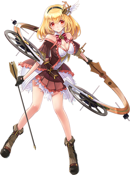 1girl arrow_(projectile) blonde_hair boots bow bow_(weapon) bowtie breasts cleavage dress eros_(phantom_of_the_kill) feathers female_focus full_body hair_ornament hairclip large_breasts long_hair official_art phantom_of_the_kill red_eyes simple_background solo weapon white_background