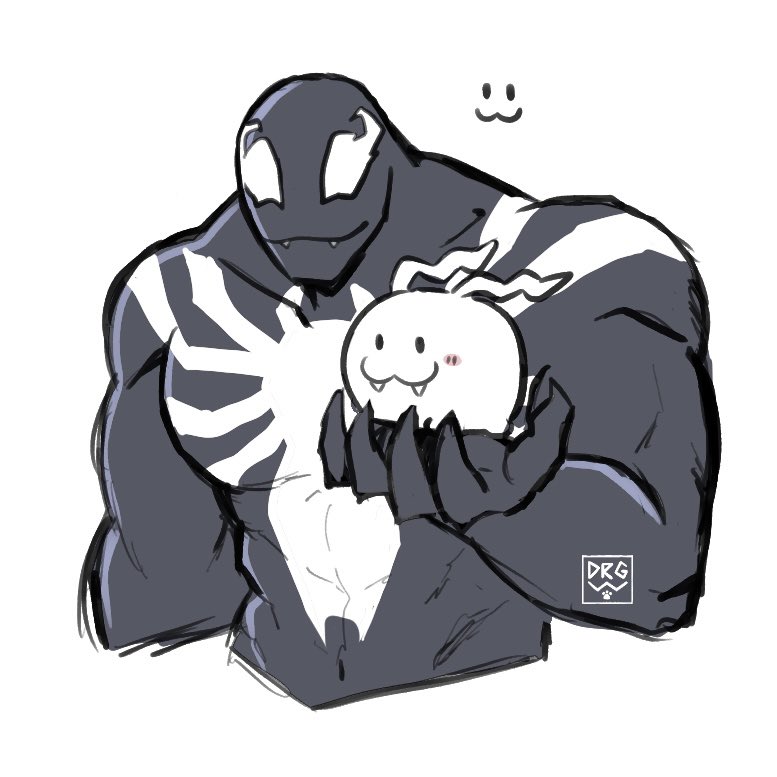 1boy :3 black_skin closed_mouth colored_skin crossover digimon digimon_(creature) fangs marvel multicolored_skin simple_background slayer_dramonz spider-man_(series) tokomon two-tone_skin upper_body venom_(marvel) white_background white_skin