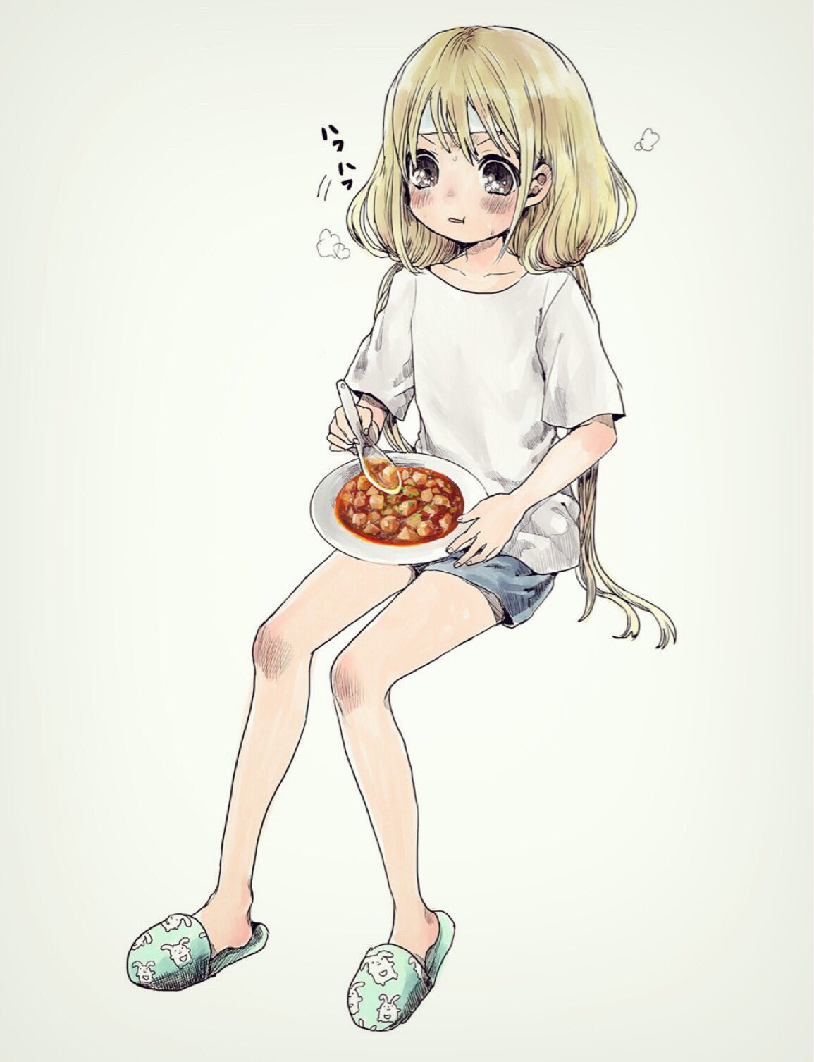1girl blonde_hair blush brown_eyes comeco eating food full_body futaba_anzu highres idolmaster idolmaster_cinderella_girls long_hair low_twintails mapo_tofu shirt shorts slippers solo t-shirt twintails