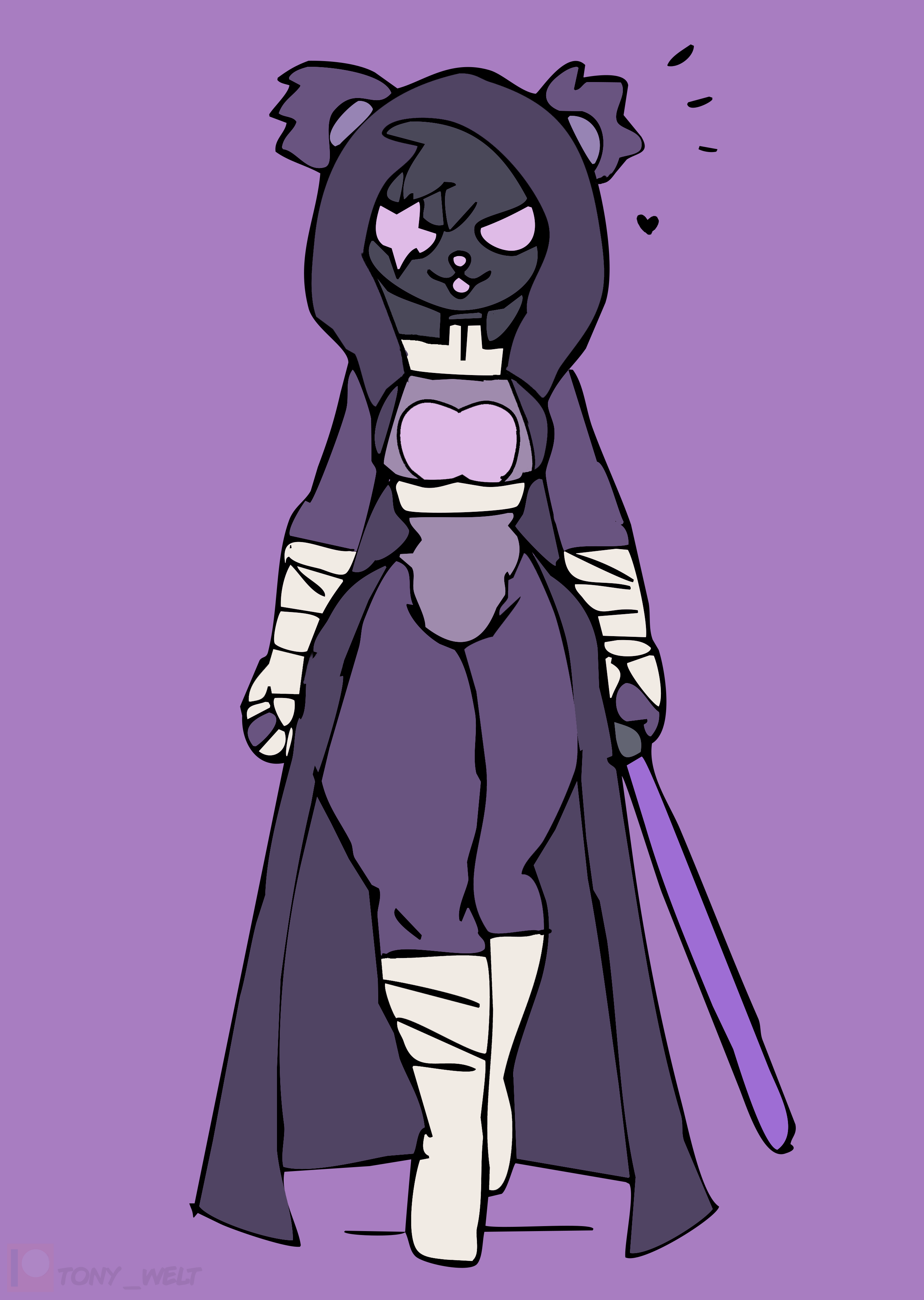 1girl :3 animal_ears bandaged_hand bandages bear_ears bear_girl bodysuit boots breasts cloak crossover energy_sword epic_games fortnite heart heart_print holding holding_sword holding_weapon hood hood_up hooded_cloak large_breasts lightsaber looking_at_viewer may_the_4th open_mouth print_bodysuit purple_background purple_bodysuit purple_cloak purple_eyes purple_fur raven_team_leader scar scar_across_eye scar_on_face sith sketch smile star_wars sword thick_thighs thighs tony_welt walking weapon white_boots wide_hips