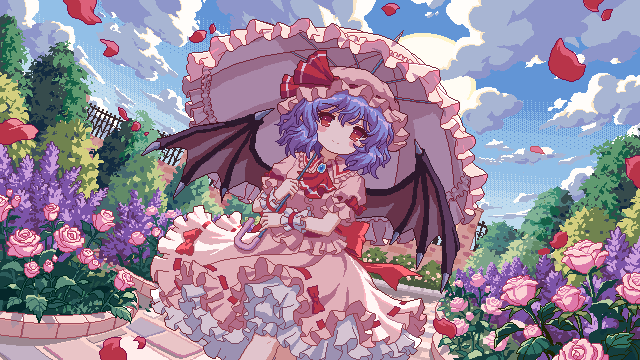 1girl ascot bat_wings blue_gemstone blue_hair bow bush cloud day falling_petals fence flower frilled_skirt frilled_wrist_cuffs frills game_cg gem hat holding holding_umbrella iron_fence kumio lavender_(flower) mob_cap outdoors parasol petals pink_flower pink_rose pink_shirt pink_skirt pink_umbrella puffy_short_sleeves puffy_sleeves purple_flower red_ascot red_bow red_eyes red_hat red_petals red_ribbon red_wrist_cuffs remilia_scarlet ribbon rose shirt short_sleeves skirt smile solo sun third-party_source touhou touhou_mystia&#039;s_izakaya tree umbrella wings wrist_cuffs
