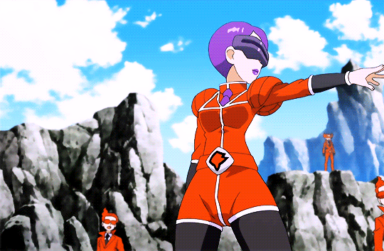1girl 3boys animated animated_gif celosia_(pokemon) curvy multiple_boys nintendo pokemon pokemon_(anime) purple-tinted_eyewear sky smile team_flare tinted_eyewear visor
