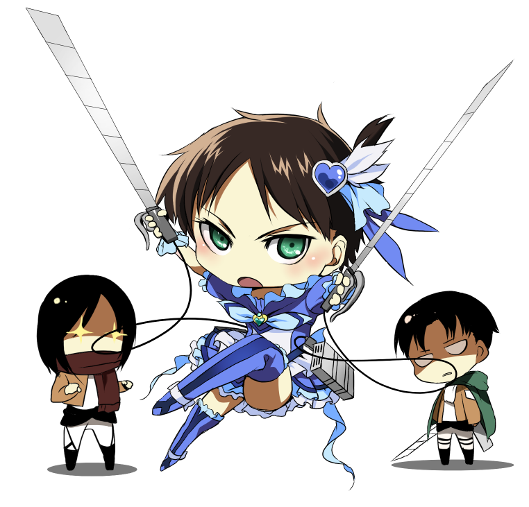 +_+ 1girl 2boys ascot bad_id bad_pixiv_id blue_footwear boots cable chibi cosplay cropped_jacket crossdressing cure_beat cure_beat_(cosplay) dual_wielding eren_yeager glowing glowing_eyes green_eyes hair_ornament heart holding jacket levi_(shingeki_no_kyojin) magical_girl mikasa_ackerman multiple_boys name_connection open_clothes open_jacket precure scarf shingeki_no_kyojin suite_precure sword thighhighs three-dimensional_maneuver_gear wadani_hitonori weapon