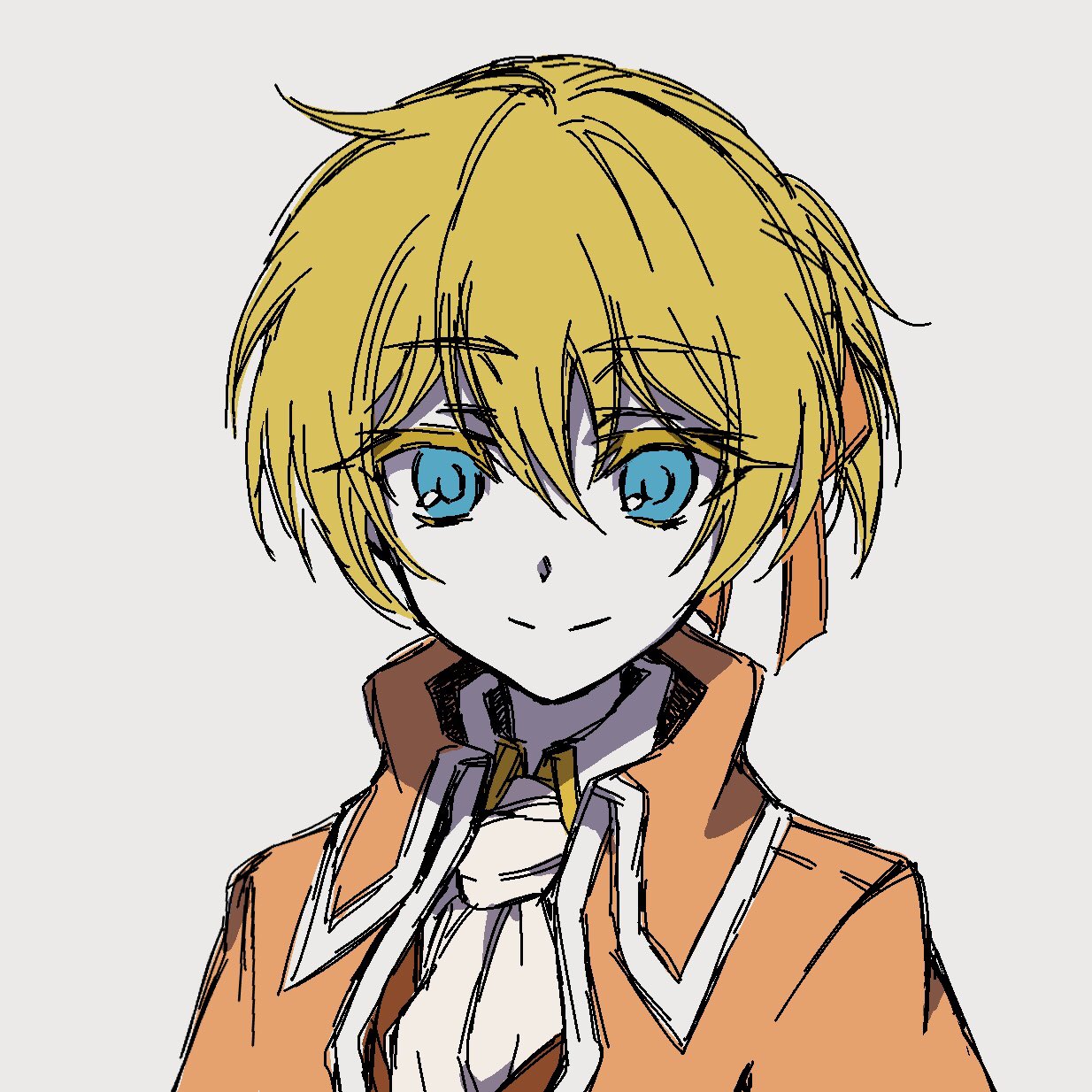 1boy aku_no_meshitsukai_(vocaloid) allen_avadonia ascot blonde_hair blue_eyes brown_vest coat collared_coat collared_jacket collared_shirt evillious_nendaiki hair_between_eyes hair_ribbon highres jacket kagamine_len limited_palette looking_at_viewer orange_coat orange_jacket orange_ribbon pale_skin ponytail ribbon rice_rice_2525 shirt short_ponytail sketch smile solo upper_body vest vocaloid white_ascot white_shirt