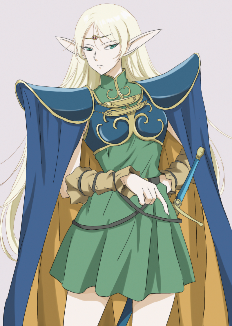 1girl anbj armor blonde_hair blue_cape breastplate breasts cape circlet commentary_request cowboy_shot deedlit detached_sleeves dress elf frown green_dress green_eyes pointy_ears record_of_lodoss_war sheath sheathed short_dress shoulder_armor small_breasts solo sword two-sided_cape two-sided_fabric weapon