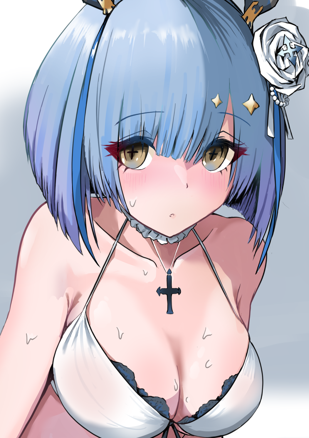 +_+ 1girl azur_lane bikini blue_hair blush breasts flower gascogne_(azur_lane) gascogne_(tropical_environs_acclimation_service_equipment)_(azur_lane) hair_flower hair_ornament highres looking_at_viewer medium_breasts nose_blush official_alternate_costume p.i.t.d short_hair simple_background solo swimsuit upper_body white_bikini white_flower yellow_eyes