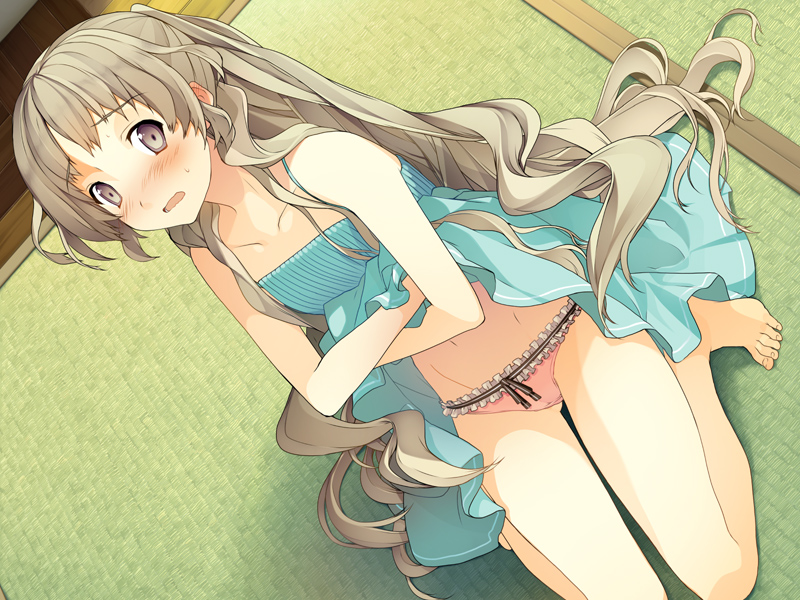10s 1girl akinashi_yuu aqua_skirt bare_shoulders barefoot blush brown_eyes brown_hair clothes_lift collarbone crossed_arms dutch_angle embarrassed feet female_focus flat_chest game_cg kiba_mifuyu kneeling koi_to_senkyo_to_chocolate long_hair navel official_art panties skirt skirt_lift solo striped_clothes striped_skirt sweat tatami toes underwear undressing upskirt very_long_hair wavy_mouth