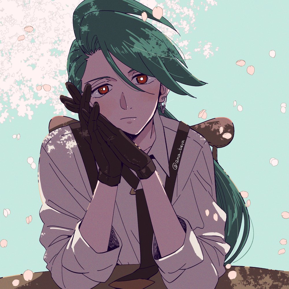 1girl amamiya_konatsu androgynous black_gloves black_necktie bright_pupils creatures_(company) earrings elbow_rest falling_petals game_freak glint gloves green_hair jewelry long_hair looking_at_viewer necktie nintendo own_hands_together petals pokemon pokemon_sv red_eyes reverse_trap rika_(pokemon) shirt solo suspenders swept_bangs triangle_earrings upper_body white_pupils white_shirt
