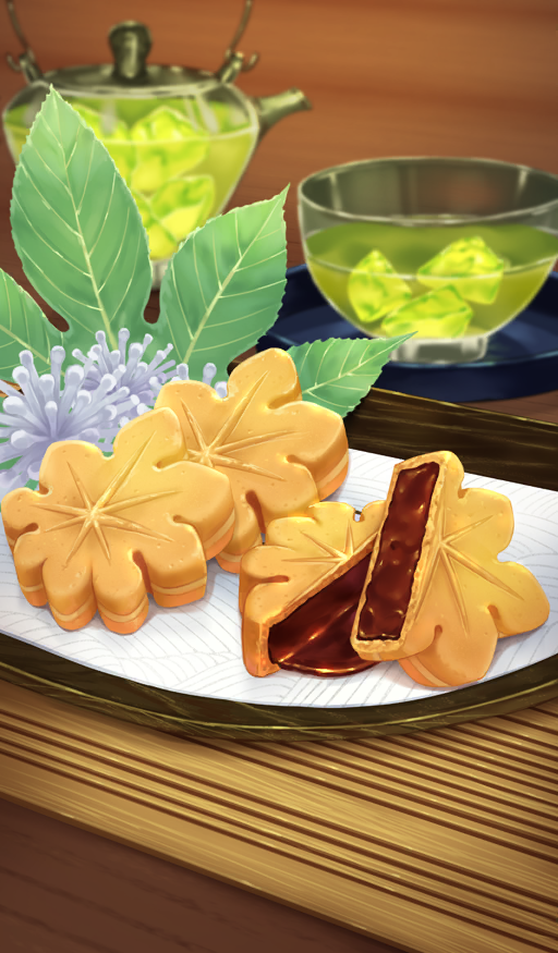 beppu_mitsunaka blurry blurry_background chawan chocolate commentary cookie depth_of_field dessert drink fate/grand_order fate_(series) flower food food_art food_focus glass_teapot leaf no_humans official_art plate still_life third-party_source white_flower